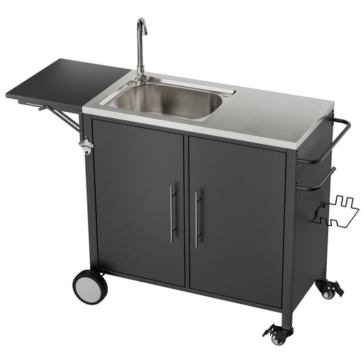 Outdoor Grill Table With Sink, Worktable Kitchen Cabinet Island With Wheels & Foldable Top - Black Daily Nest