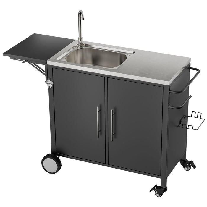 Outdoor Grill Table With Sink, Worktable Kitchen Cabinet Island With Wheels & Foldable Top - Black Daily Nest