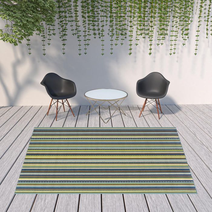 8' X 11' Striped Stain Resistant Indoor / Outdoor Area Rug - Blue / Green