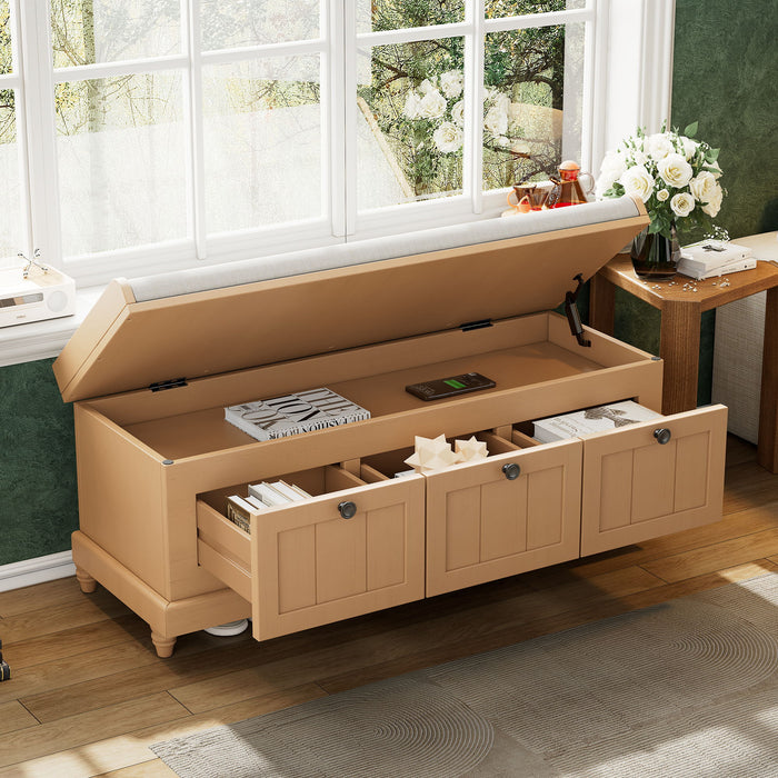 Shoe Bench With Cushion And 3 Drawers - Natural Hearth and Haven