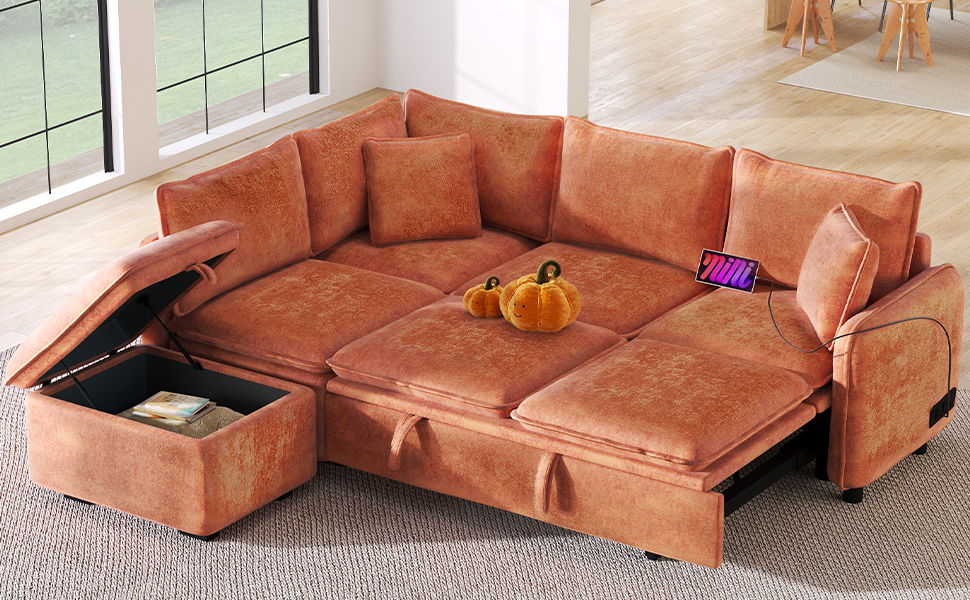 82.67" Convertible Sofa Bed Sectional Sofa Sleeper L-Shaped Sofa With A Storage Ottoman, Two Pillows, Two Power Sockets And Two USB Ports For Living Room, Orange