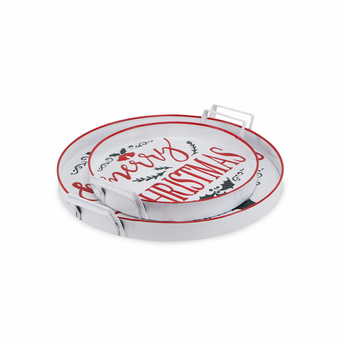 Round Metal Christmas Handmade Tray With Handles - White