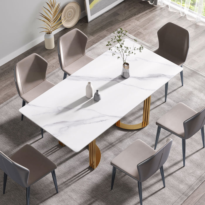 70.87" Modern Artificial Stone White Straight Edge Golden Metal Leg Dining Table, Can Accommodate 6-8 People - White / Gold