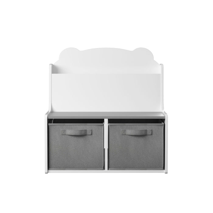 Bookshelf With Storage Bins, Bookcase With Book Display Shelf And 2 Bins, Cute Bear Shaped Backboard, Toy Organizer - White Home Essentials
