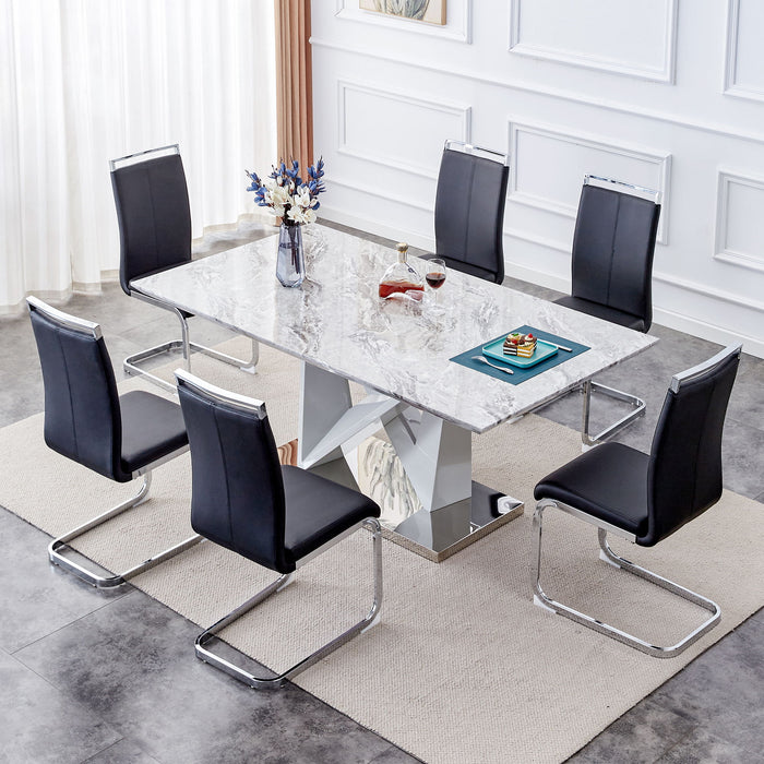 1 Table And 6 Chairs Set, Modern Gray MDF Faux Marble Dining Table With Double V-Shaped Supports, Paired With 6 Modern PU Artificial Leather Soft Cushion With Silver Metal Legs - MDF / Metal