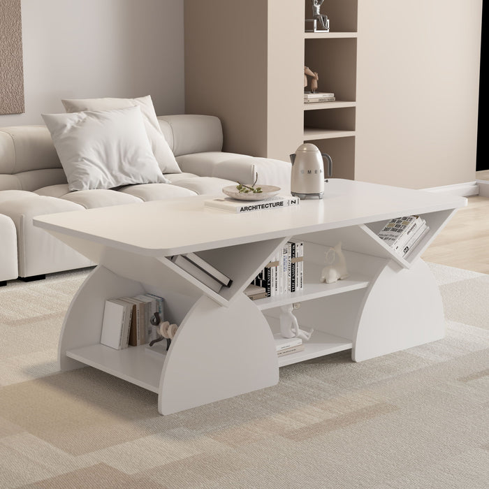 Geometric Engineered Coffee Table With Rounded Corners With Open Shelves Home Essentials