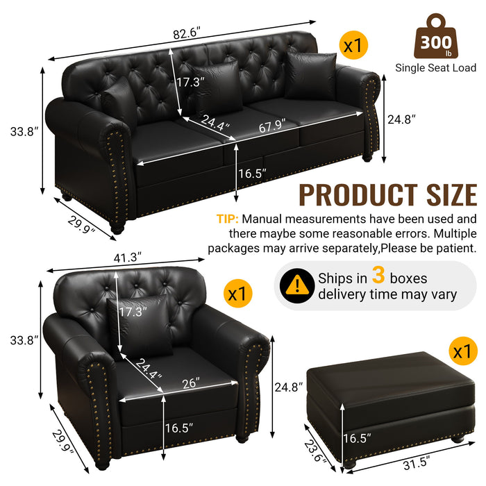 Upholstered Sofa With Nailhead Trim, Rolled Armrests With Ottoman Home Essentials