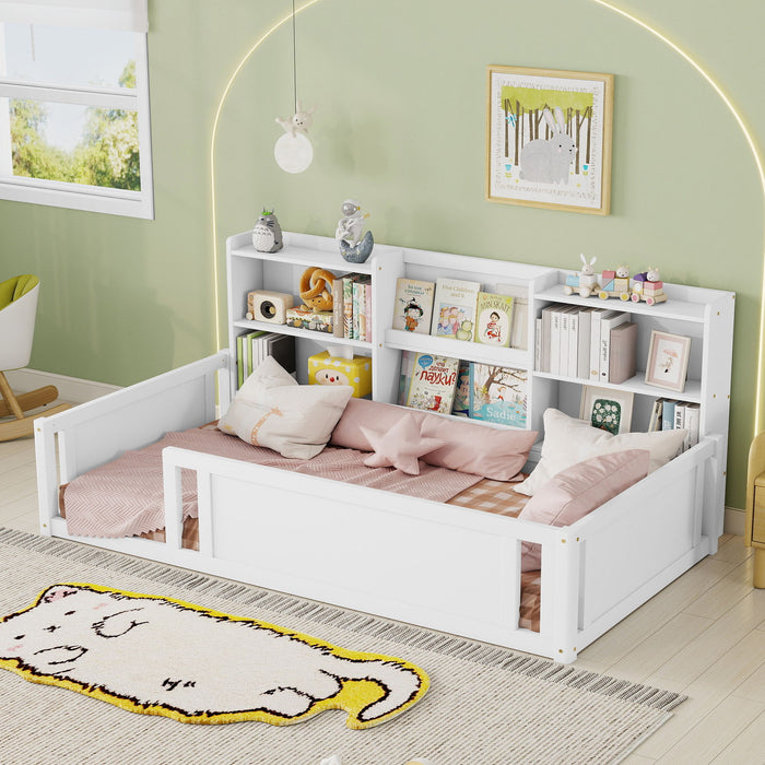 Platform Floor Bed With Guardrail Fence And Side Storage Shelves Home Essentials