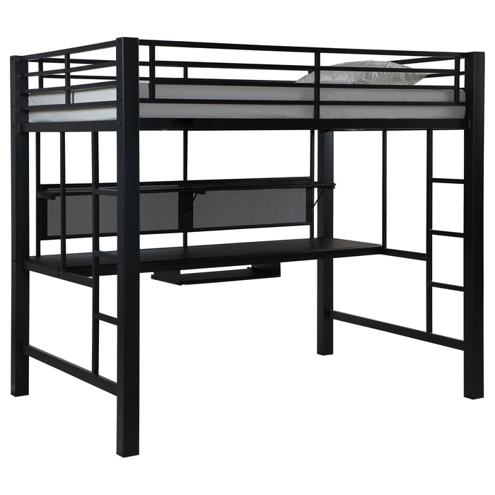 Ranier - Full Workstation Loft Bed, Full Length Desk, Safety Rails And Storage Shelves - Black Furniture Max