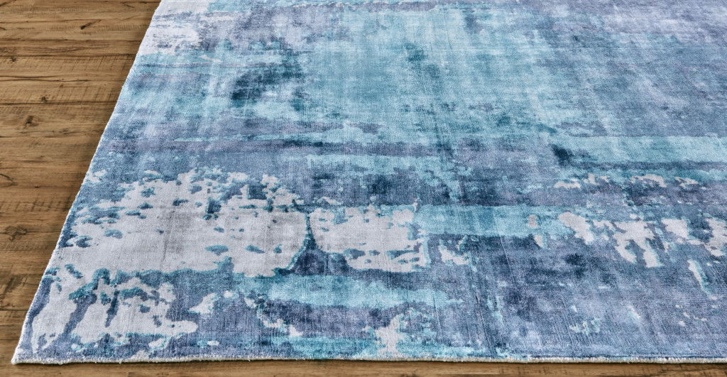 Abstract Hand Woven Area Rug - Blue And Ivory - 10' X 14'