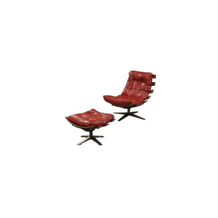 Top Grain Leather Tufted Swivel Lounge Chair With Ottoman - Red And Brown