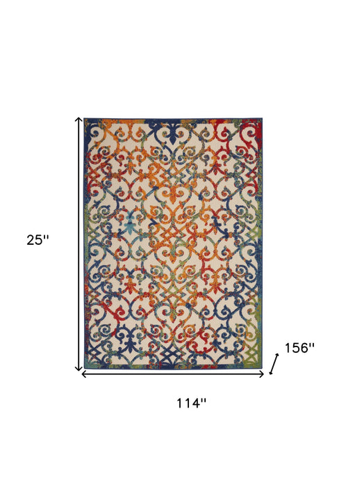 10' X 13' Damask Non Skid Indoor / Outdoor Area Rug - Ivory Blue / Green