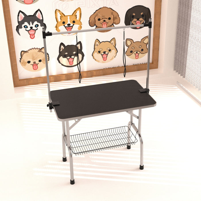 Professional Dog Pet Grooming Table Adjustable Heavy Duty Portable With Arm & Noose & Mesh Tray - Black Daily Nest