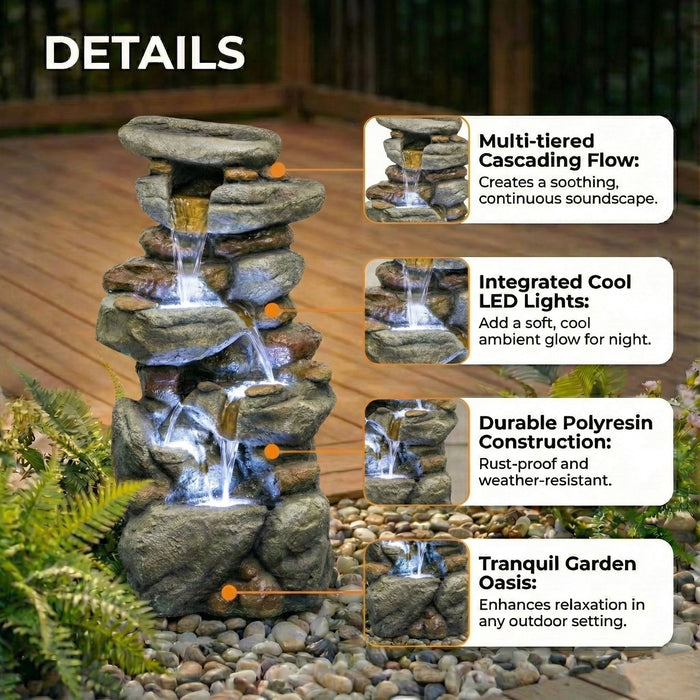 Stacked Rock Waterfall Fountain With LED Lights For Garden - Gray Daily Nest