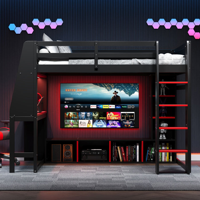 Gaming Loft Bed With Desk, Multi Storage Shelves, LED Lighting, And Hanging Clothes Rack Hearth and Haven