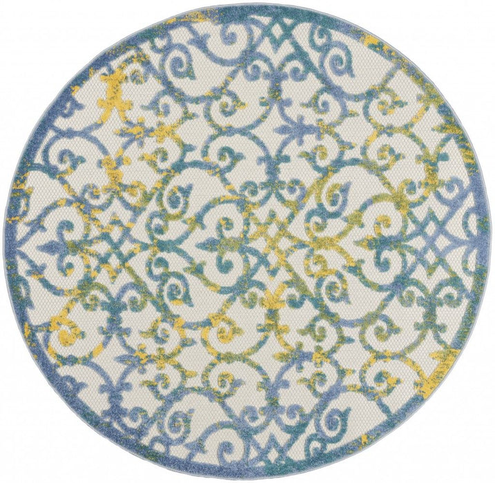 4' Round Round Floral Indoor & Outdoor Area Rug - Ivory / Blue