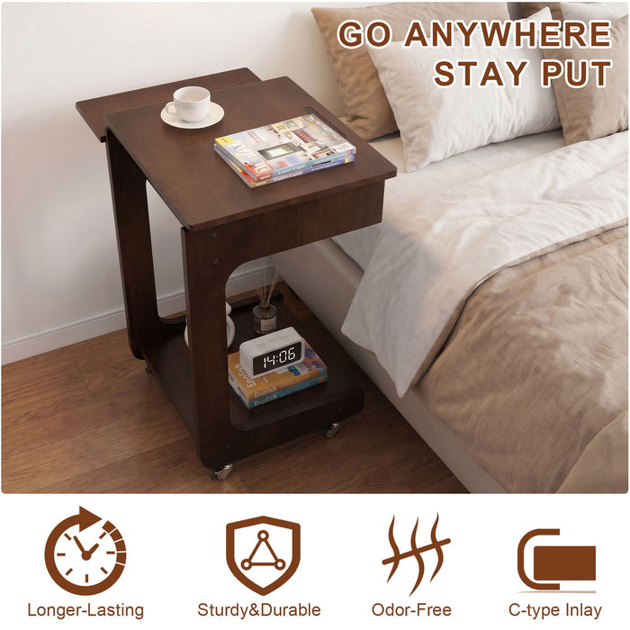 C - Shaped End Table, Rolling With 360° Adjustable & Foldable Desktop, Couch Table With Laptop Stand For Living Room - Walnut Home Essentials