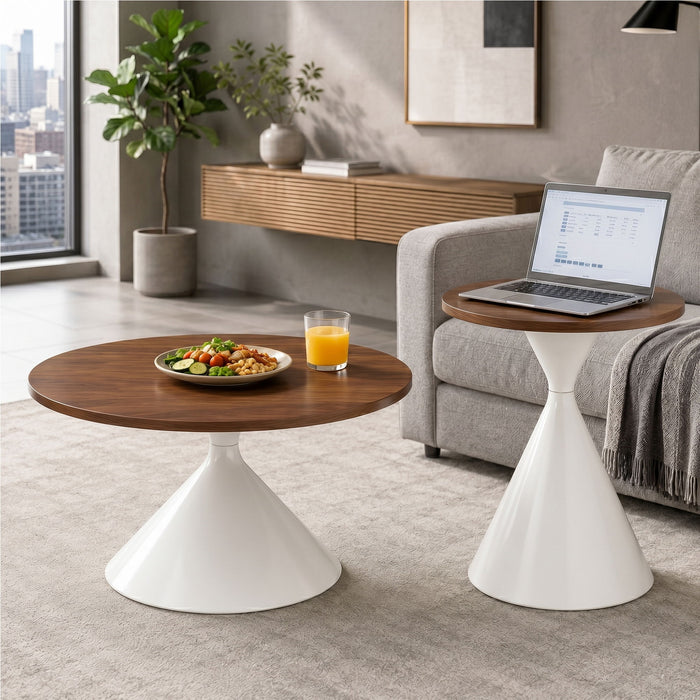 2 Piece Round Coffee Table Set - Walnut / White Home Essentials