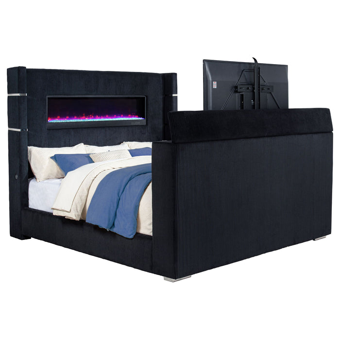 Judah - Eastern King Wingback TV Bed With Motorized Lift And Flame Visualizer - Black Furniture Max