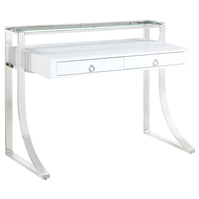 Serrano - 2 Drawer Writing Desk With Polished And Tempered Glass Hutch - Glossy White Furniture Max