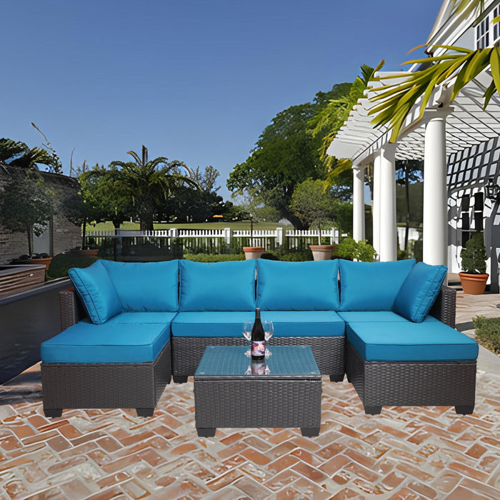 Outdoor Garden Patio Furniture 7 Piece PE Rattan Wicker Cushioned Sofa Sets And Coffee Table, Patio Furniture Set;Outdoor Couch;Outdoor Couch Patio Furniture;Outdoor Sofa;Patio Couch - Black / Blue / Light Blue