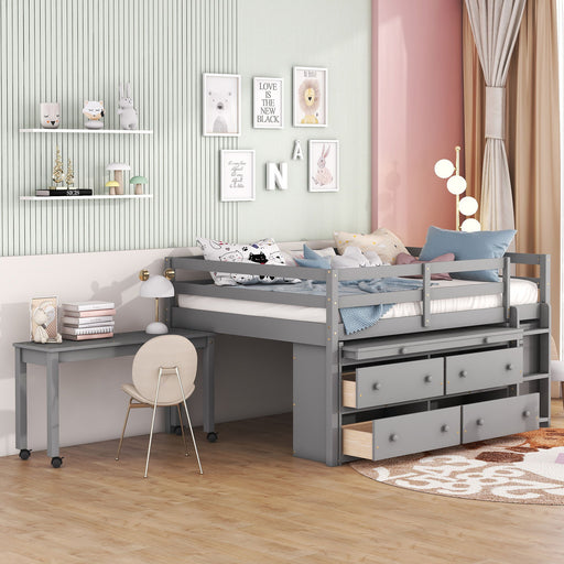 Loft Bed With Retractable Writing Desk And 4 Drawers, With Lateral Portable Desk And Shelves DreamHaus