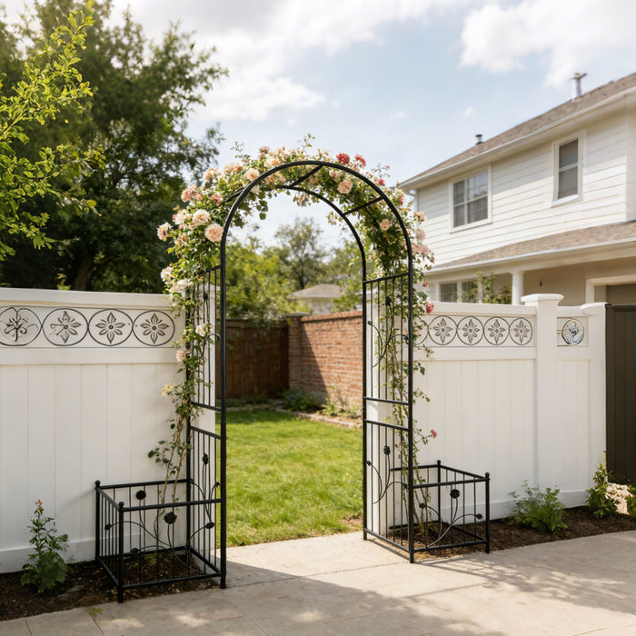 Metal Garden Arch With Two Plant Stands Wide High Climbing Plants Support Rose Arch Outdoor - Black Daily Nest