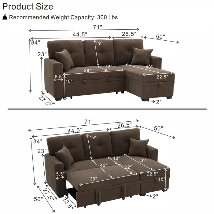 Sleeper Sectional Sofa With Pull Out Bed, Reversible Chaise, Hidden Storage Home Essentials