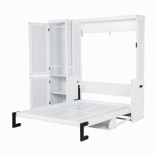 Queen Size Murphy Bed With Wardrobe, Space-Saving Hidden Wall Bed With Desk And Charging Station - White Home Essentials