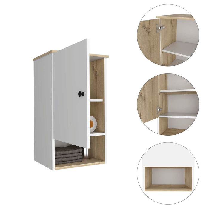 Wall Mounted Cabinet With Three Shelves - Light Oak And White