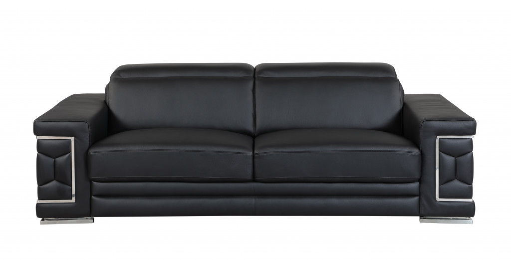 Sofa Italian Leather With Silver Legs - Black