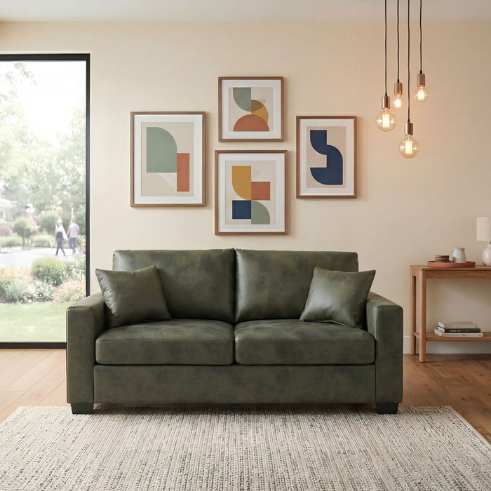 2 Seater Sofa, 2 Throw Pillows For Living Room - Olive Green Home Essentials