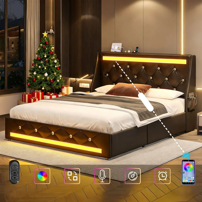 Wingback Upholstered Bed Frame With LED Lights, Charging Station Home Essentials