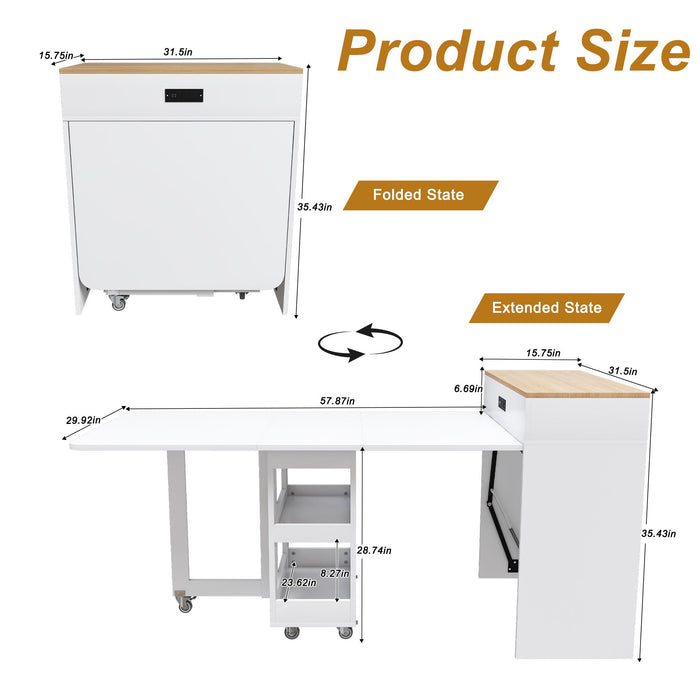 Extendable Dining Table With Power Socket, Lockable Casters, Storage Cabinet Home Essentials