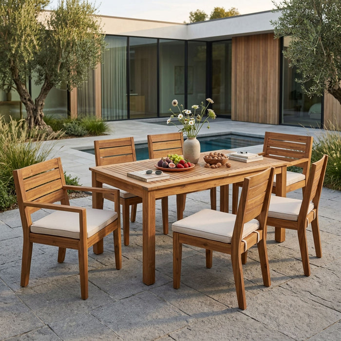 Outdoor 6 Seater Expandable Dining Set With Cushions - Sandblasted Natural / Beige Noble House