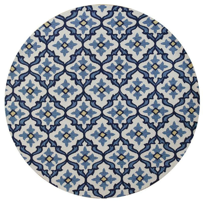 8' Hand Hooked UV Treated Coastal Reef Round Indoor / Outdoor Area Rug - Ivory Blue