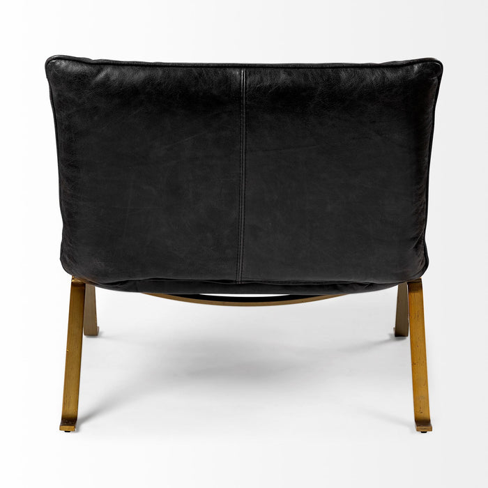 Top Grain Leather Distressed Slipper Chair - Black / Brass