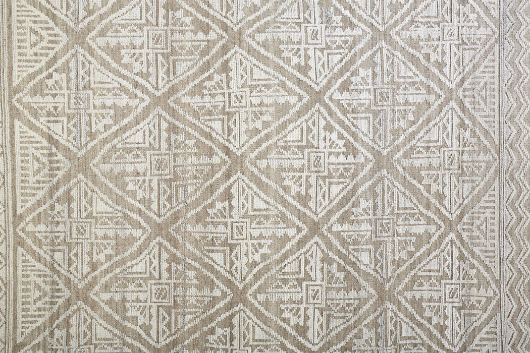 Geometric Hand Knotted Runner Rug - Ivory Tan And Gray - 8'