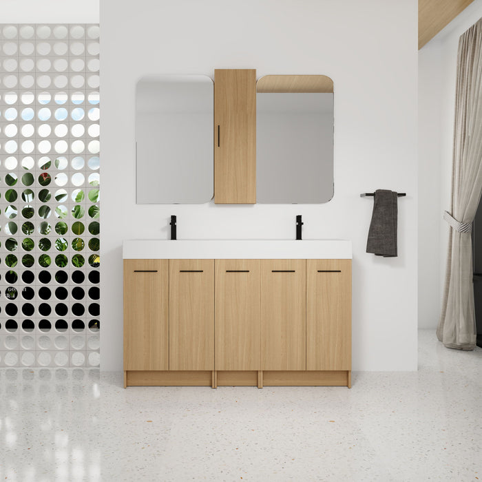 Double Sink Bathroom Vanity Set With Tall Linen Cabinet, Extra Large Storage, Integrated Sink, Freestanding Cabinet - Light Oak / White Home Essentials