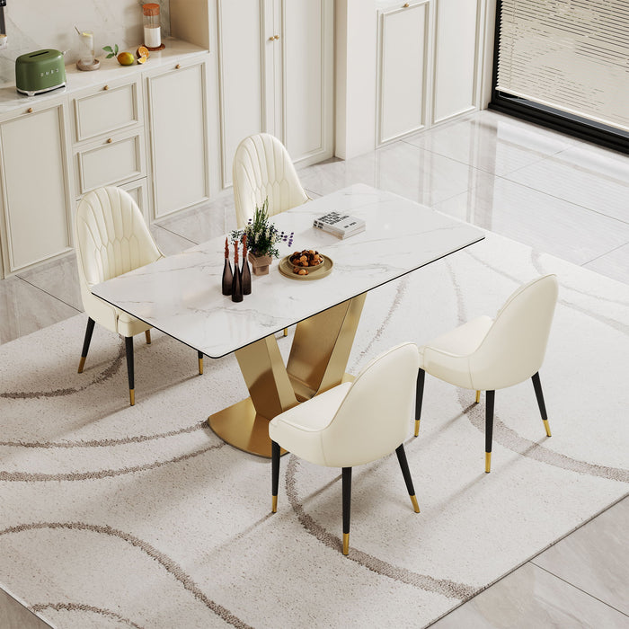 Dining Table (Set of 5) Sintered Stone Composite Top Rectangular Dining Table With Stainless Steel Base And Four Leatherette Dining Chairs, Table - Gold / White / Gold - Marble / Stone / Sintered Stone - Sintered Stone