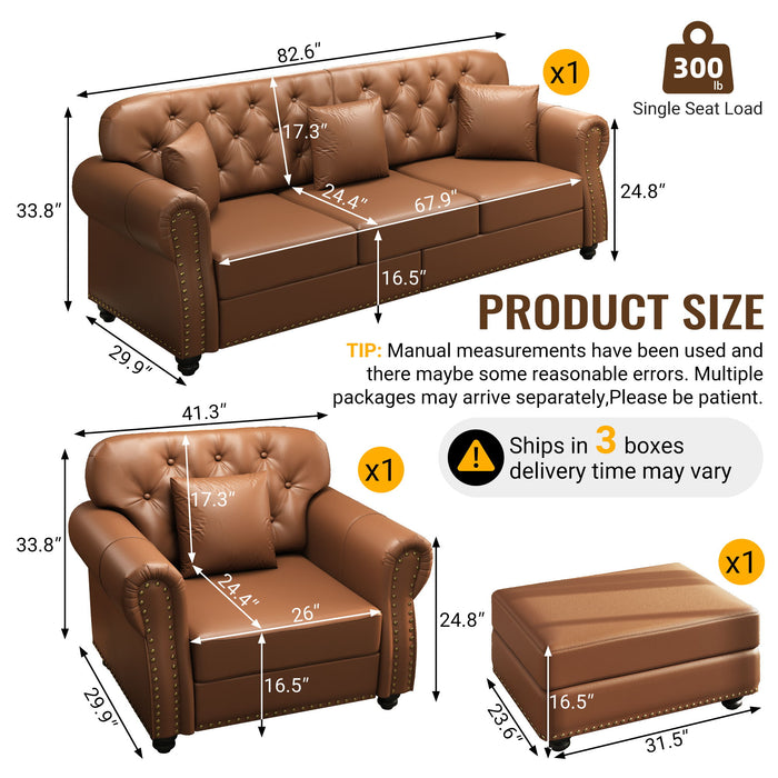 Upholstered Sofa With Nailhead Trim, Rolled Armrests With Ottoman Home Essentials
