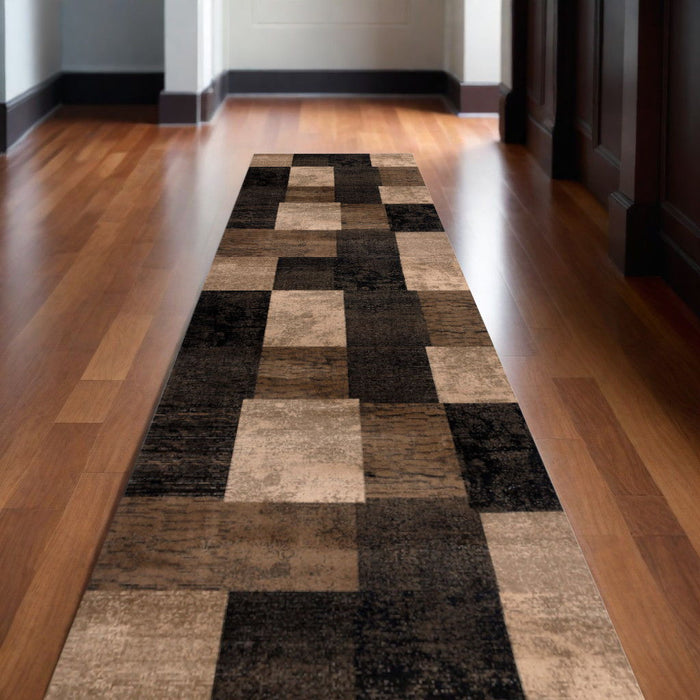15' Geometric Power Loom Runner Rug - Brown Black And Tan