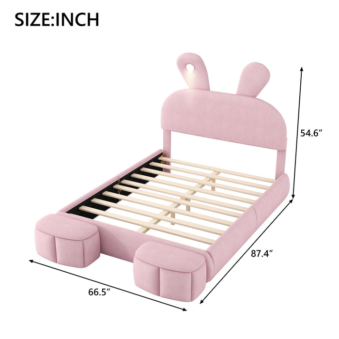 Full Upholstered Platform Bed With Cartoon Ears Headboard And LED Light - Pink Dreamland