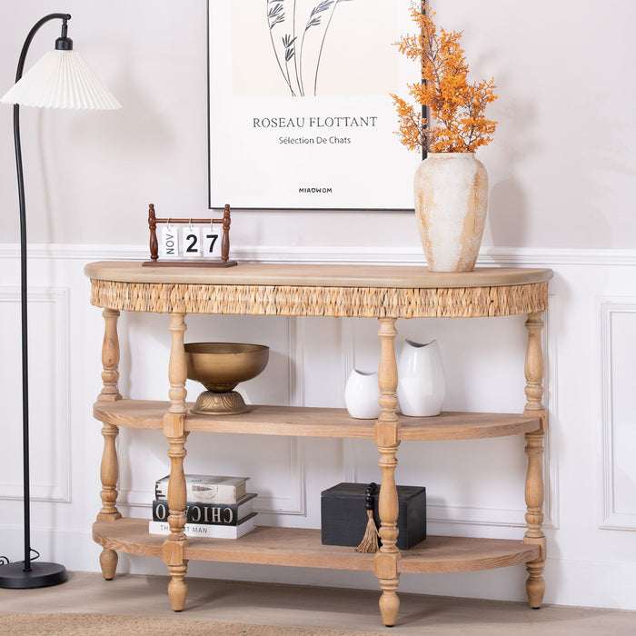 Handcrafted Console Table With Hand Woven Trim, 3 Tier Storage Shelves - Natural Home Essentials