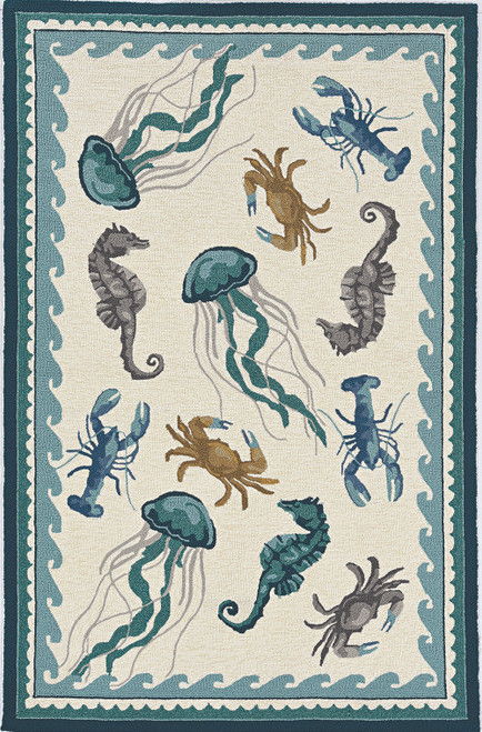 5' X 7' Sea Creatures Indoor / Outdoor Area Rug - Ivory / Teal