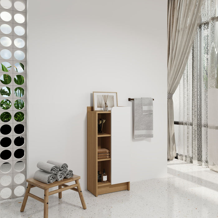 Freestanding Bathroom Side Cabinet, Narrow Storage Cabinet With Single Door & 3 Tier Open Shelves - Black / Light Oak / White Home Essentials