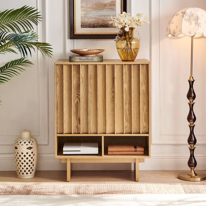 Sideboard Buffet Cabinet With Grille Slat Design With 3 Doors And Adjustable Shelves Home Essentials