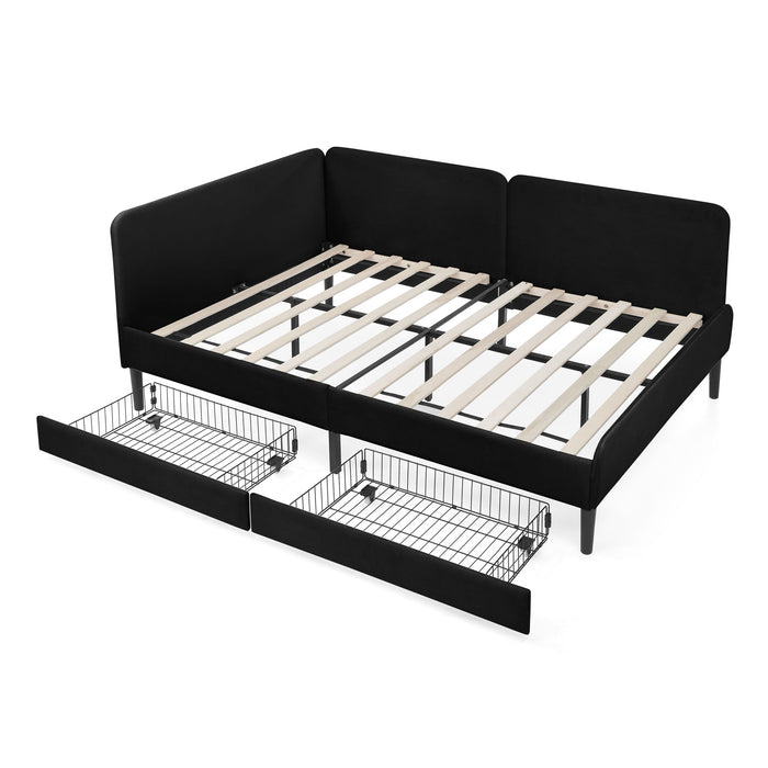 Upholstered Platform Bed Frame With 2 Storage Drawers And Adjustable Sofa Bed Home Essentials