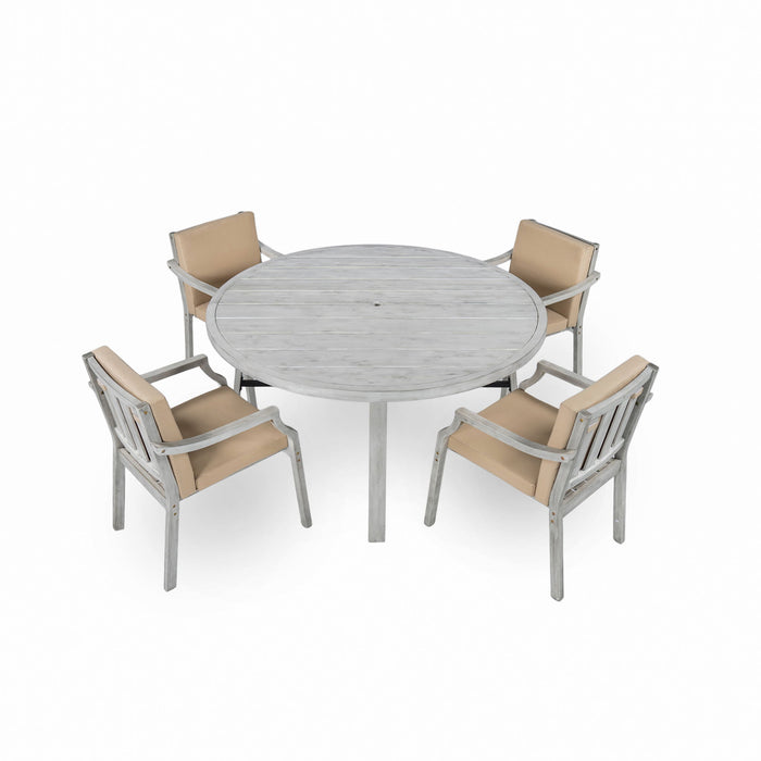 Outdoor Wooden Dinning Set With An Umbrella Hole And Removable Cushions For Patio