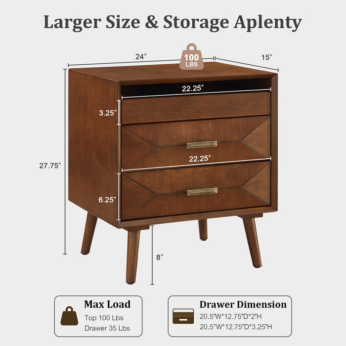Nightstand With Charging Station, 2 Drawers And Open Shelf, USB / Type C Ports Home Essentials